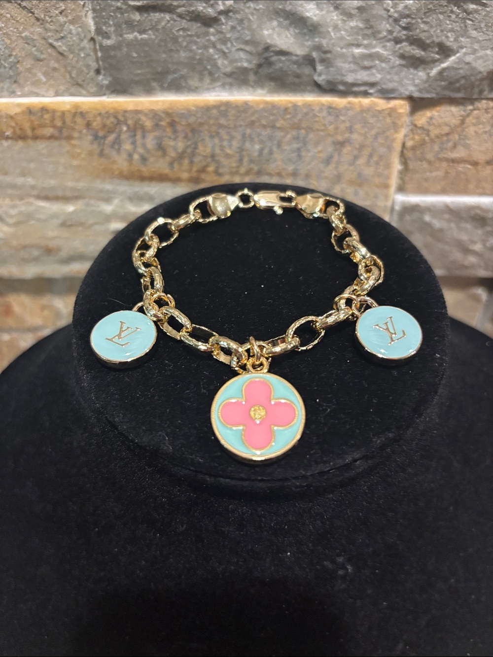 Gold Chain Charm Bracelet with Turquoise and Pink LV Enamel Accents